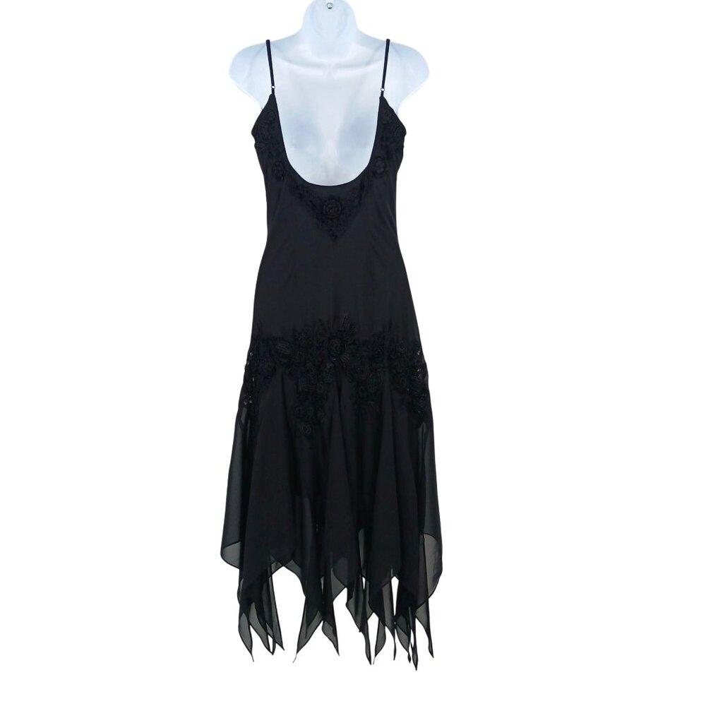 Vintage Cachet Y2K Black Handkerchief Hem Midi Dress Crochet Details Size 12 - Picture 3 of 14